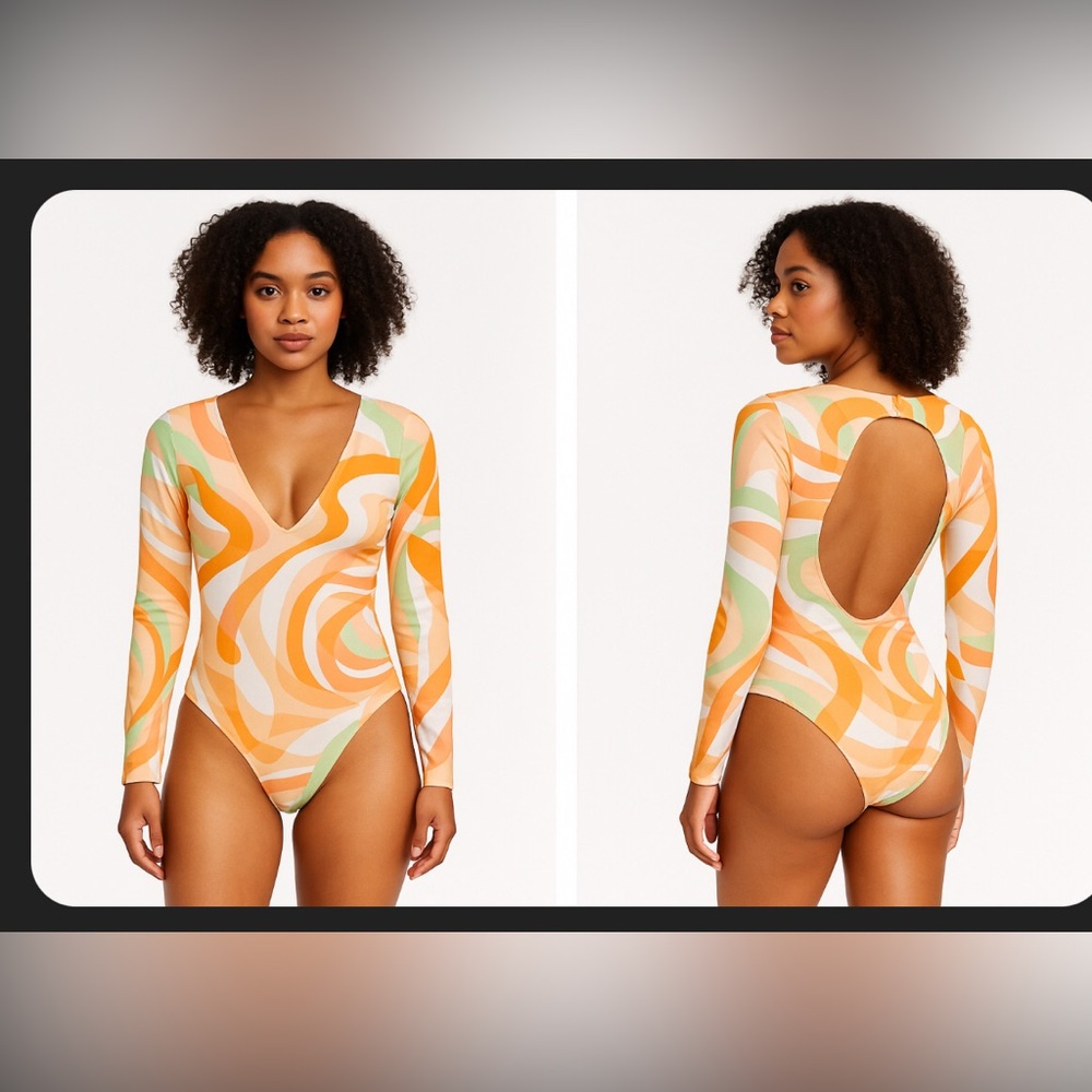 Cupshe orange print v-neck open back long sleeve rashguard swimsuit‎ size small